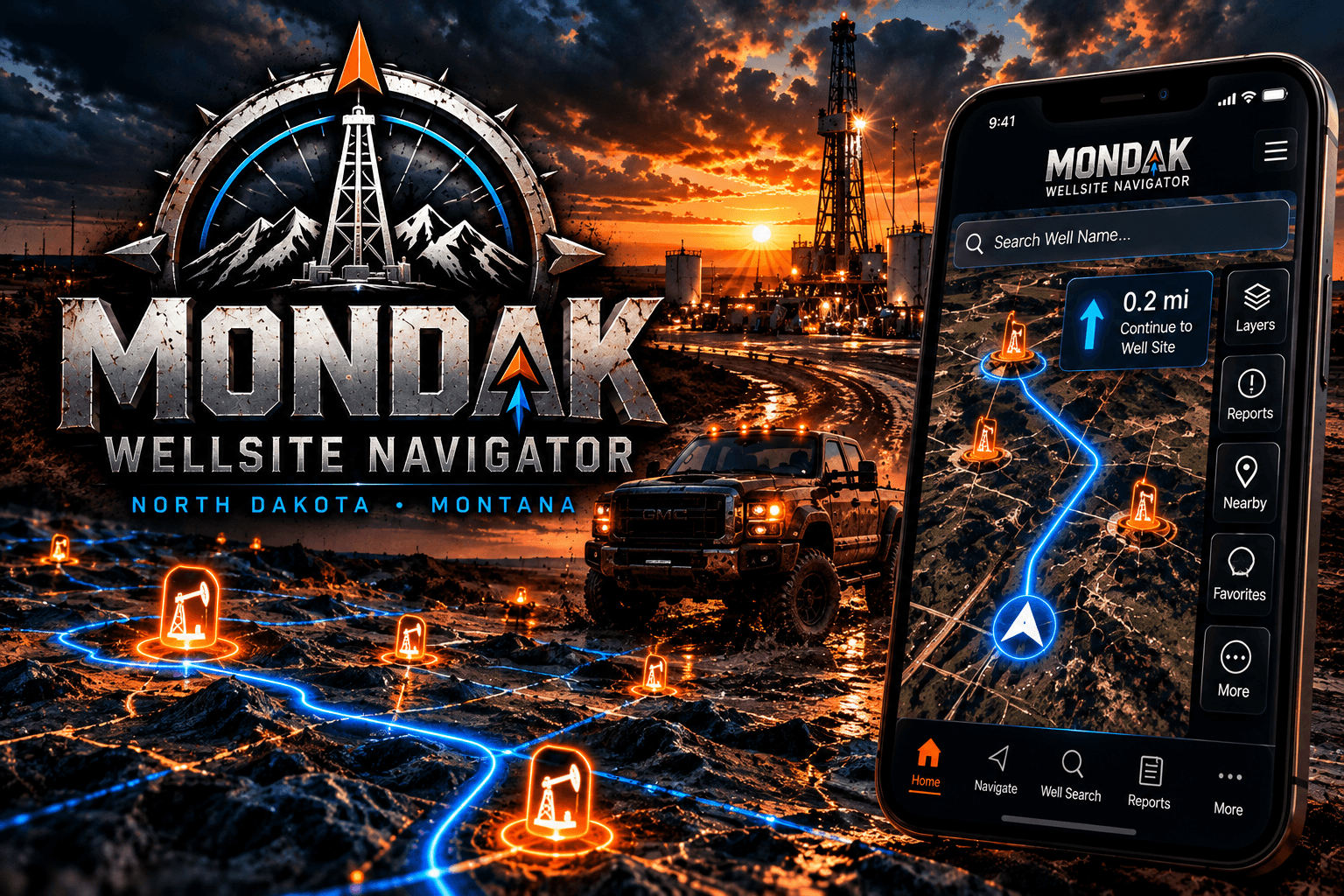 Promotional illustration for MonDak Wellsite Navigator, with an oilfield scene and a phone showing a wellsite map.