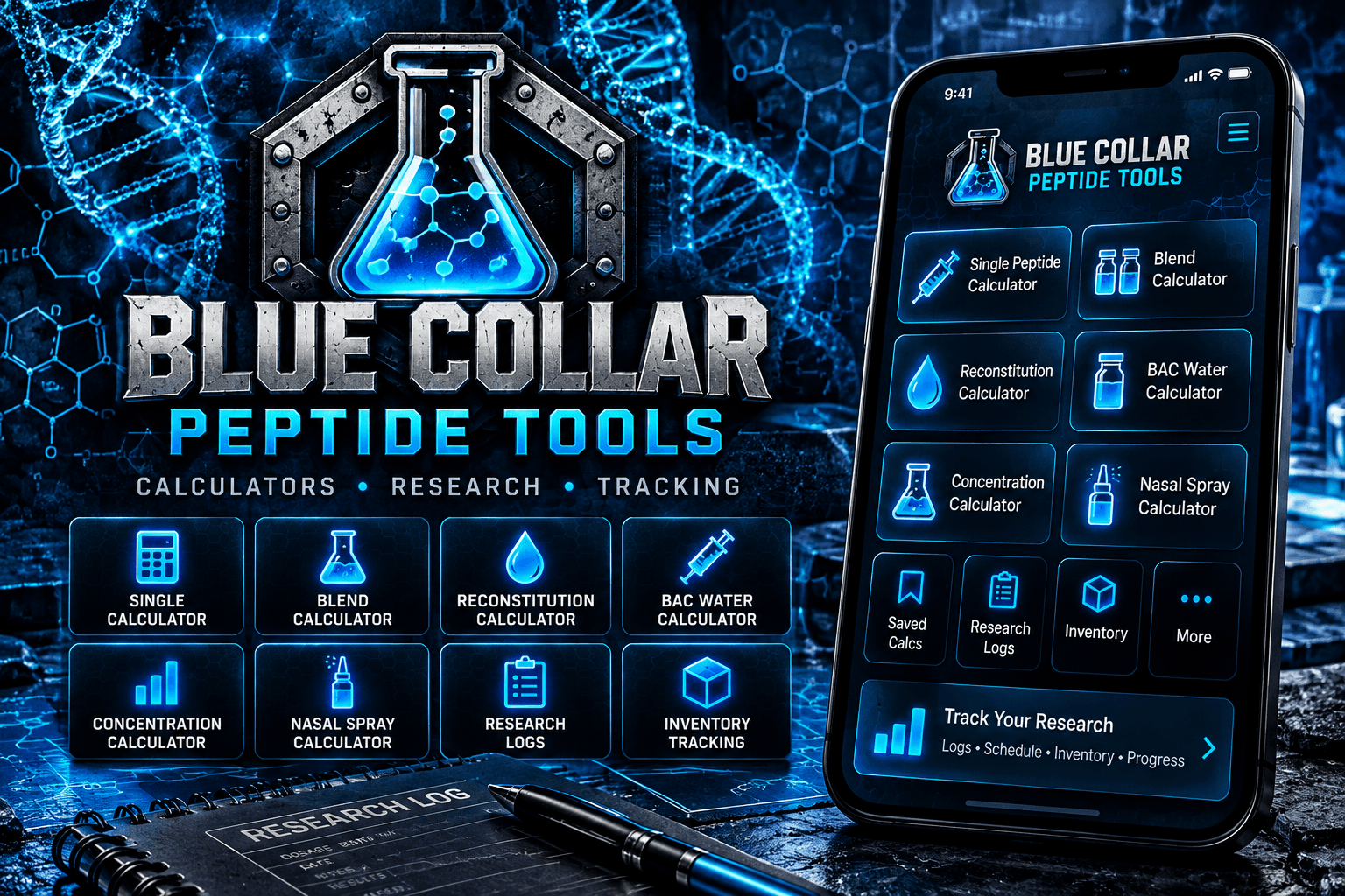 Promotional illustration for Blue Collar Peptide Tools, a research calculation workspace.